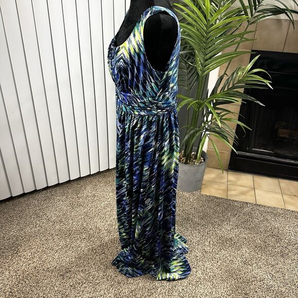 AB Studio Women's L Maxi Dress Navy, Yellow, Blue, Green Chevron Empire Waist - Picture 5 of 11